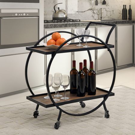 Black Bar Cart Drinks Trolley Wine Coffee Tea Kitchen Outdoor Serving Storage Rack Round Shelf with 2 Wood Shelves Handle
