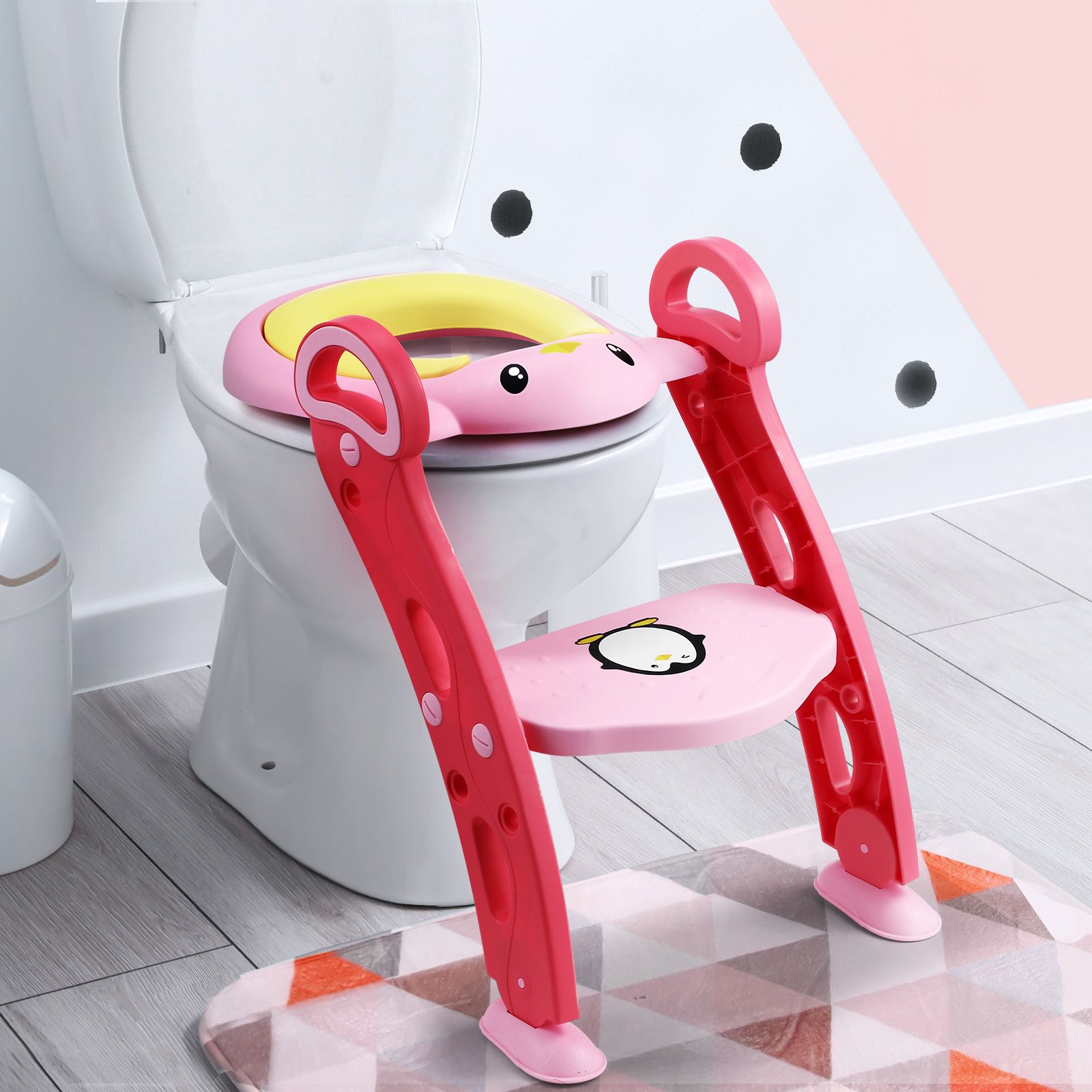 Potty Training Seat Kid Toilet Trainer Step Chair Stool Ladder Height Adjustable Foldable Armrests Nonslip Pads Splash Guard