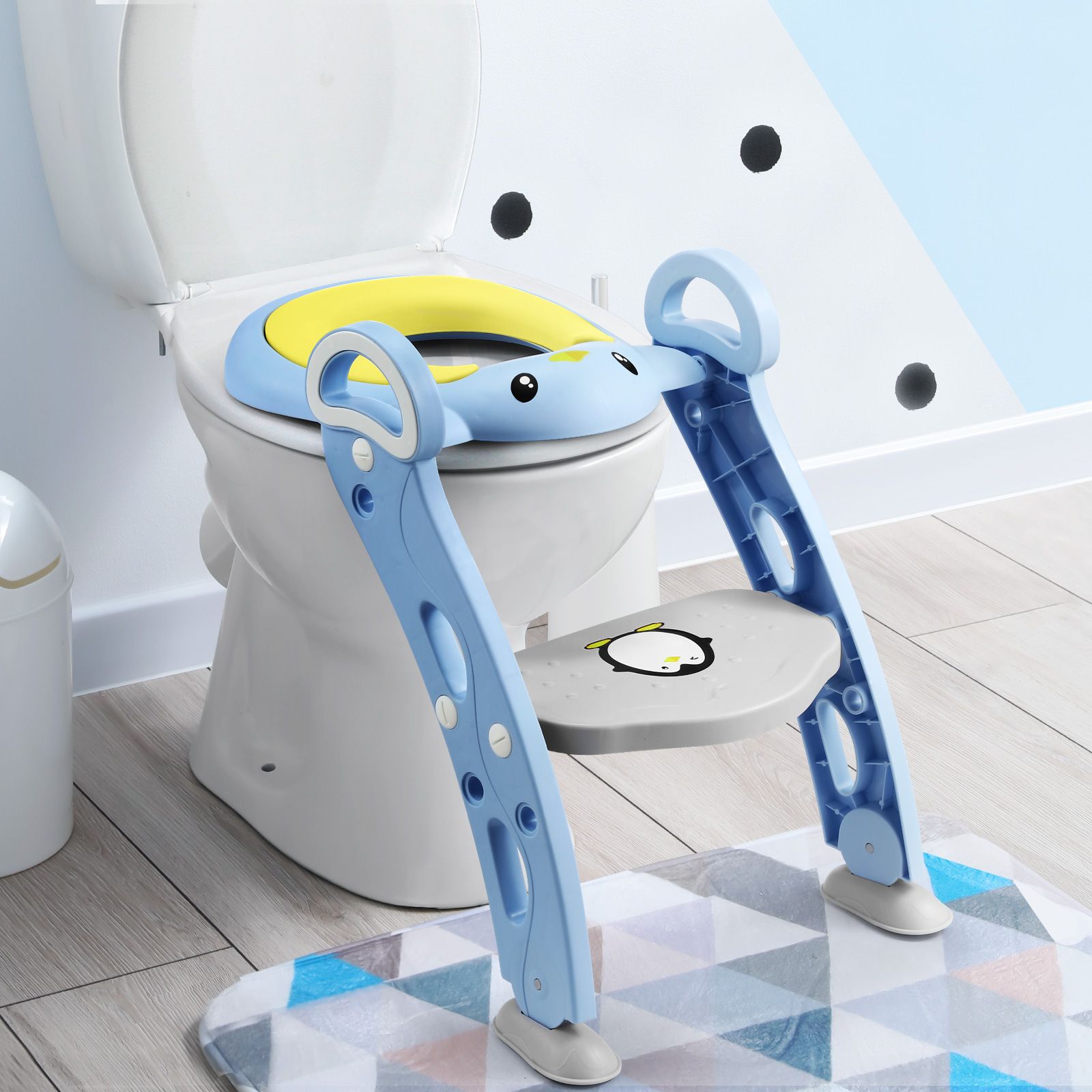 Potty Training Seat Kid Toilet Trainer Step Chair Stool Ladder Foldable Height Adjustable Armrests Nonslip Pads Splash Guard 