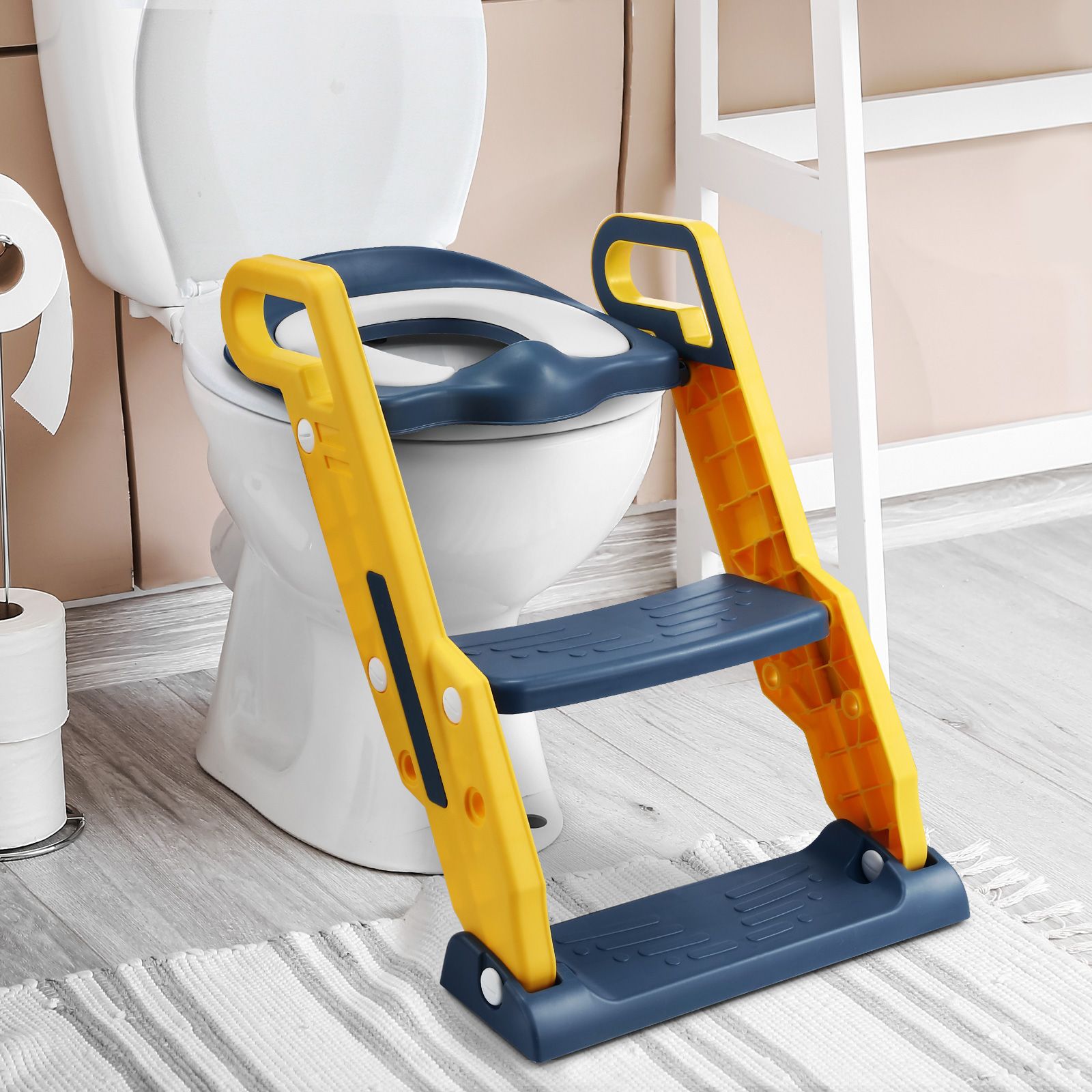 Potty Training Seat Kids Toilet Chair Trainer Ladder Step Stool Foldable Height Adjustable Handles Nonslip Pads Splash Guard