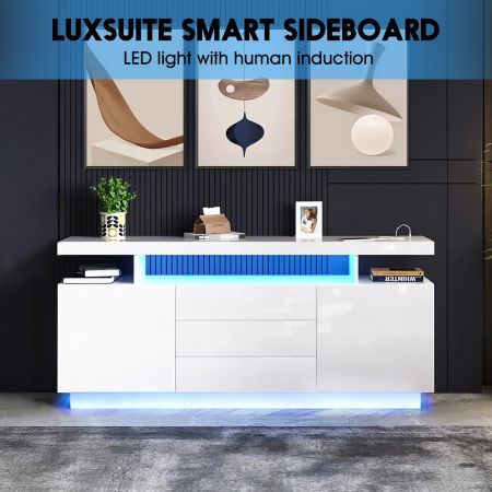 Luxsuite Smart White TV Stand Unit LED Entertainment Centre Sideboard Cupboard Buffet Storage Cabinet Full High Gloss 2 Doors 3 Drawers Human Induction