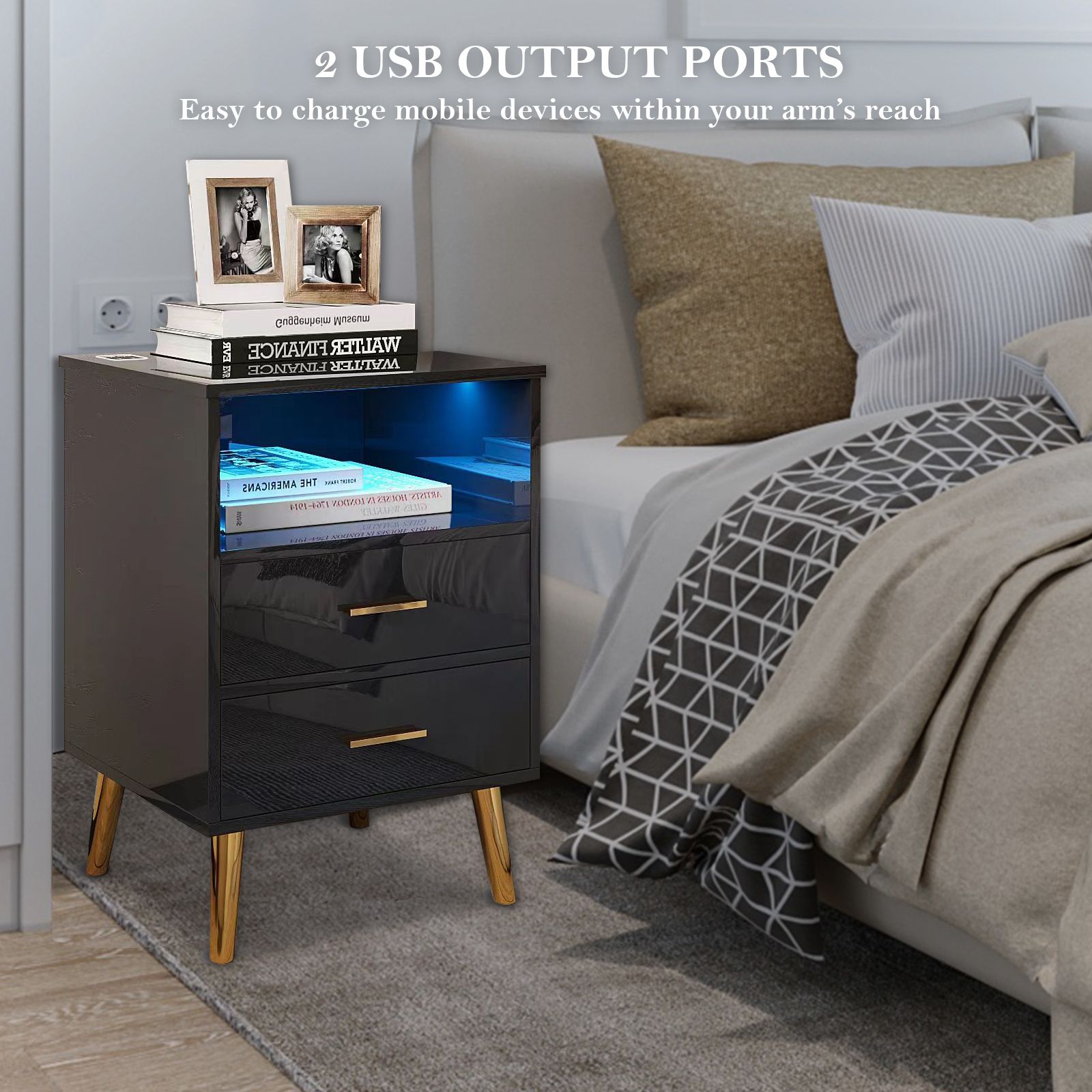 Luxsuite Smart Bedside Table Black Side LED Nightstand End Storage