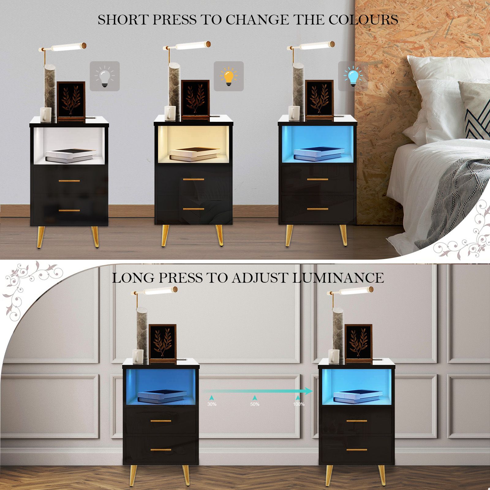Luxsuite Smart Bedside Table Black Side LED Nightstand End Storage