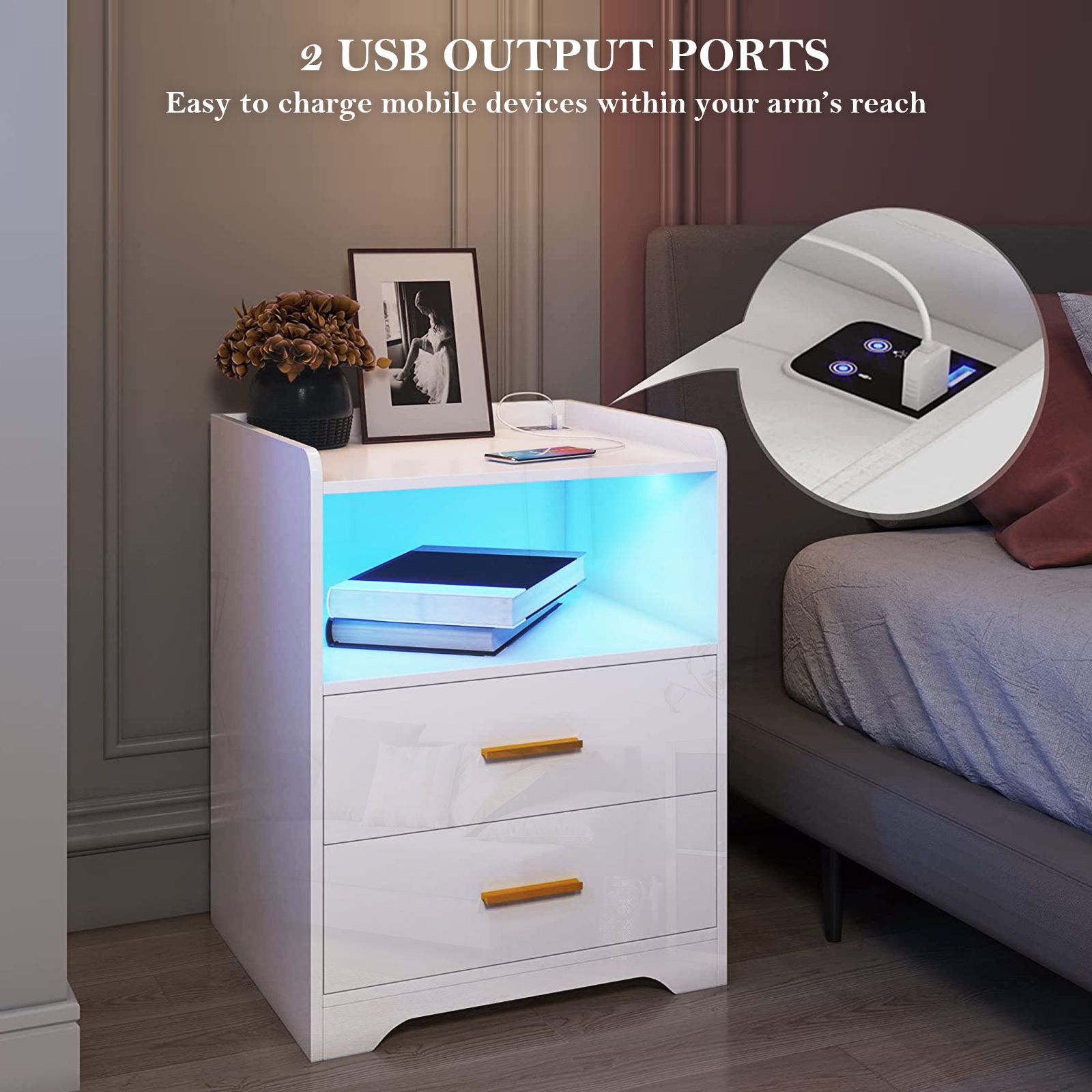 Luxsuite Smart Bedside Table White LED Nightstand Side Storage