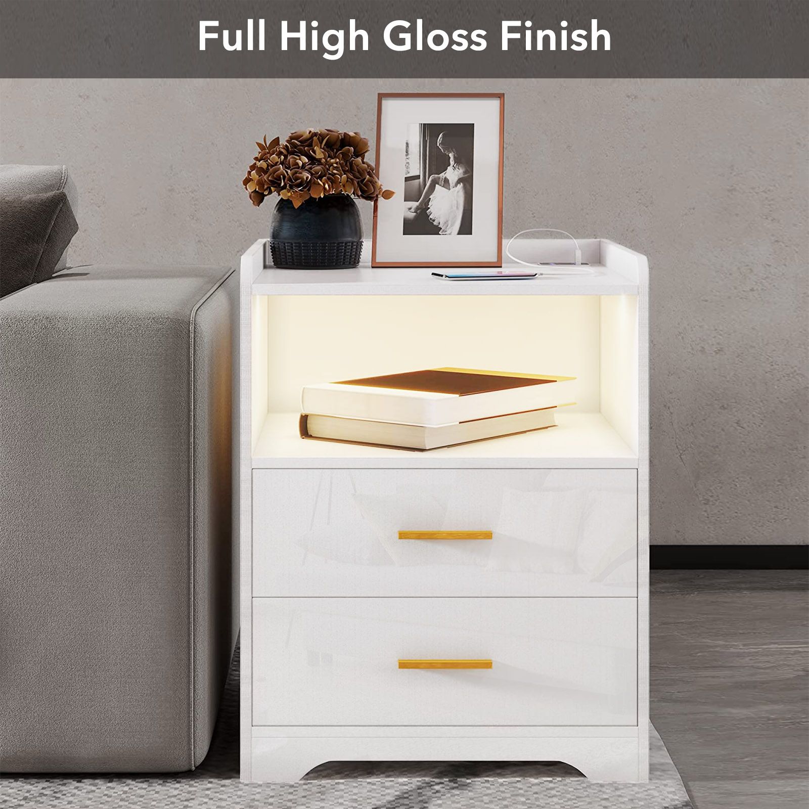 Luxsuite Smart Bedside Table White LED Nightstand Side Storage