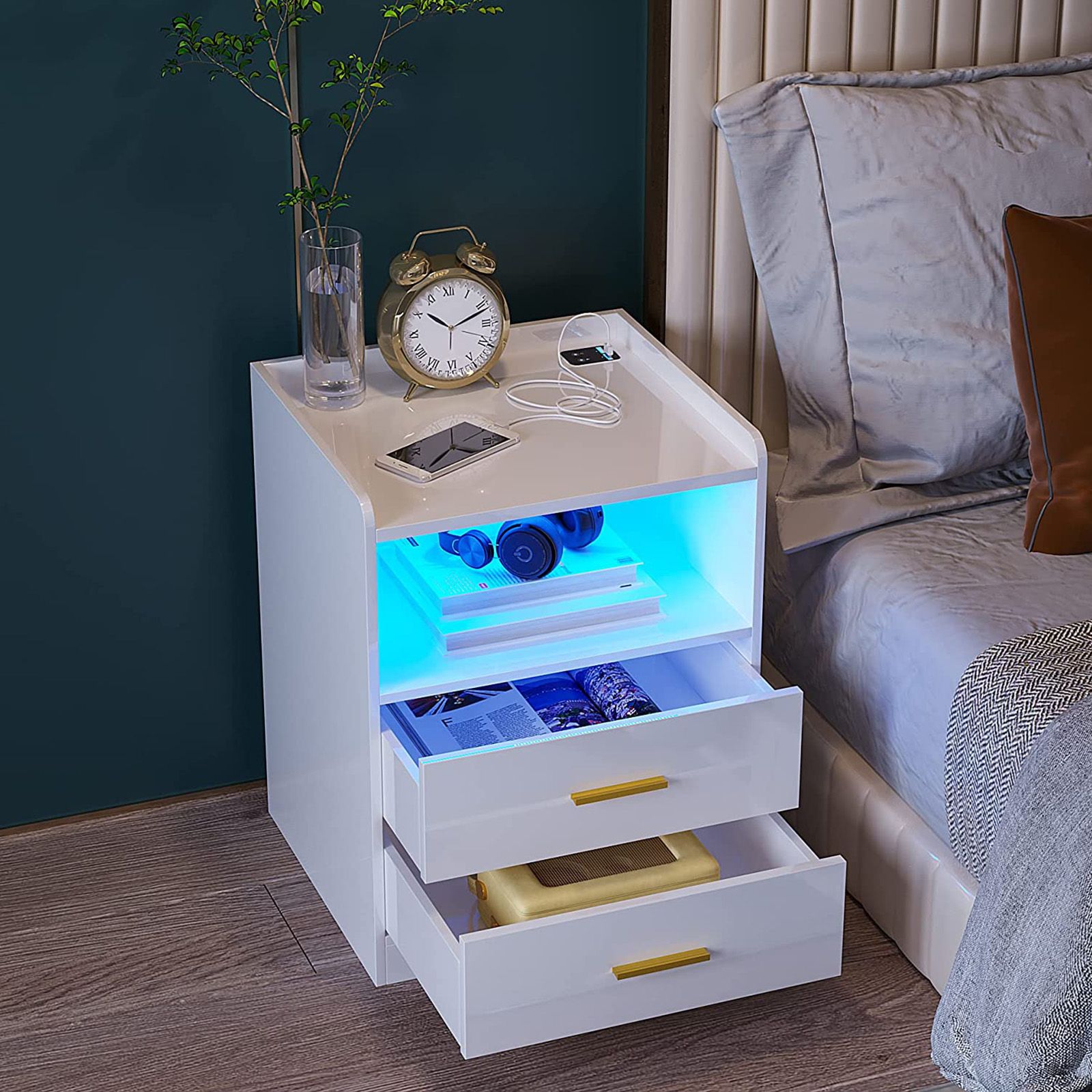 Luxsuite Smart Bedside Table White Led Nightstand Side Storage Cabinet Sofa End Bedroom Full 8758