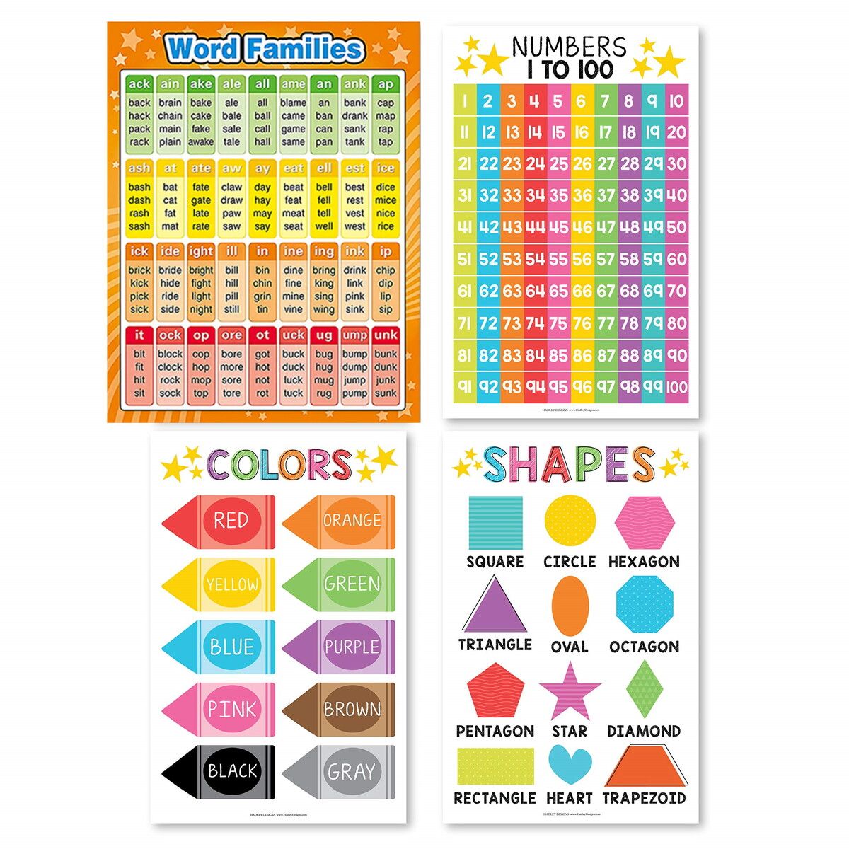 4p Word Family Count 1-100 Numbers, Colors Shapes, ABC Posters Counting Learning Chart For Kindergarten Classroom Prek Homeschool 30x42cm