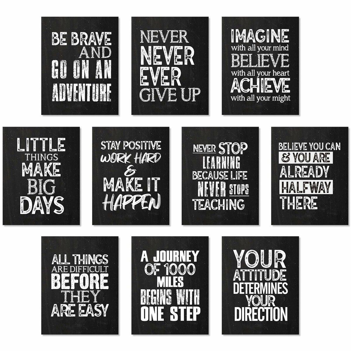 10 Pieces Inspirational Wall Posters Motivational Quote Posters Positive  with 80 Glue Point Dots  Decorations Black White,20x25cm