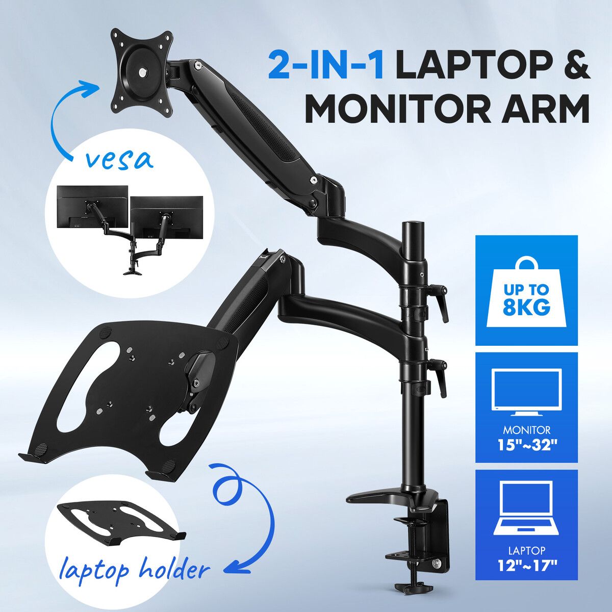 Monitor Arm Stand 2 In 1 Laptop Tray Riser Desk VESA Mount Computer Display Screen Holder Shelf Bracket Adjustable Gas Spring