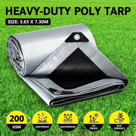 Tarpaulin Cover Camping Tent Shelter Waterproof Canvas Heavy Duty Poly Tarp for Car Boat Pool Ground Floor Roof RV 200gsm 3.65m x 7.30m