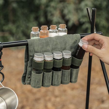 Canvas Seasoning Storage Bag Organizer with 9 Spice Jars Condiment Container Set for Outdoor Camping BBQ Picnic Army Green