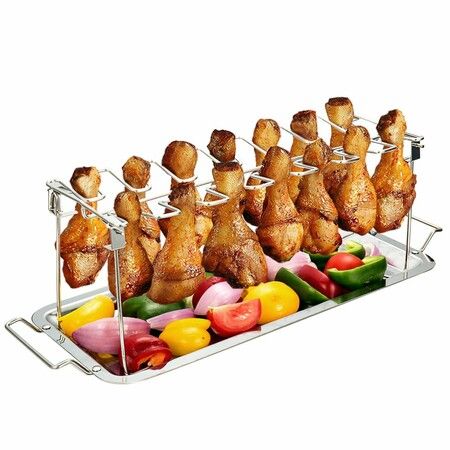 Chicken Leg Wing Rack 14 Slots Stainless Steel Metal Roaster Stand with Drip Tray for Smoker Grill or Oven Dishwasher Safe, Non-Stick, Great for BBQ, Picnic