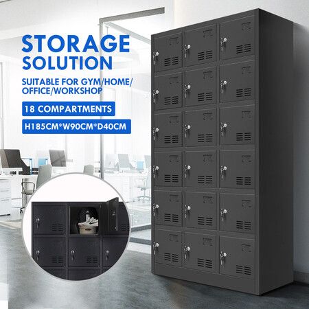 Steel Locker Storage Cabinet 18 Doors Filing Cupboard Metal Organiser Gym Home Office Stationary Lab Black