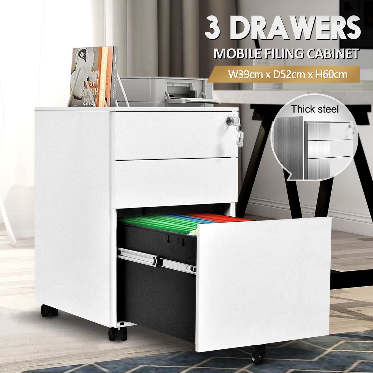 Filing Cabinet Handleless Storage 3 Drawers Cupboard Organizer Bedside ...