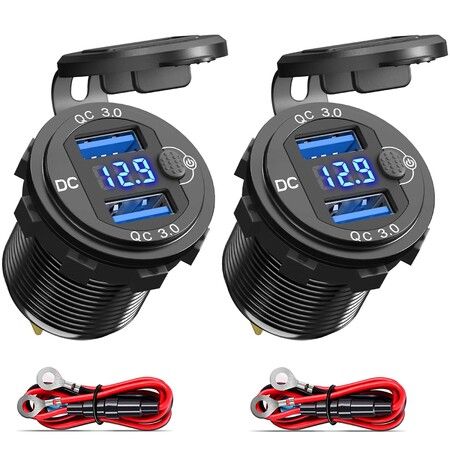 12V Socket USB Charger Dual QC 3.0 with LED Voltmeter and Power Switch, Waterproof Aluminum Car Charger Adapter for RV Marine Motorcycle Truck Golf Cart RV etc. 2Pack