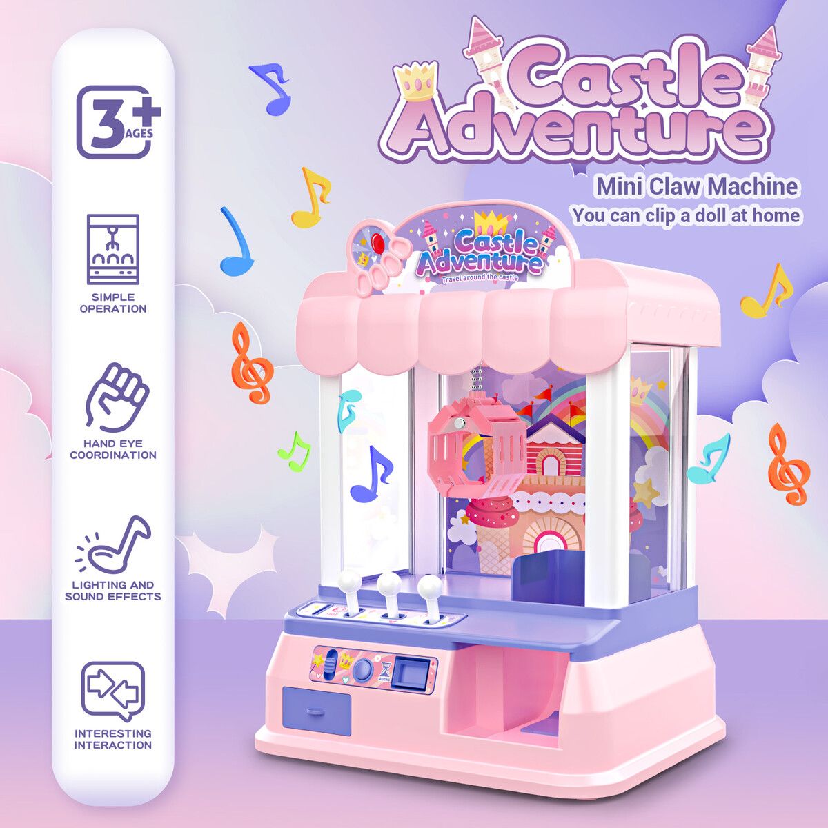 Mini Claw Machine Arcade Toy Grabber Candy Sweets Carnival Fair Gaming Party Birthday Xmas LED Light Animation Pink