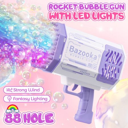 Rocket Bubble Gun Soap Machine Blower Launcher Maker Toy with LED lights Lithium Kids Gift Party Wedding Summer Purple