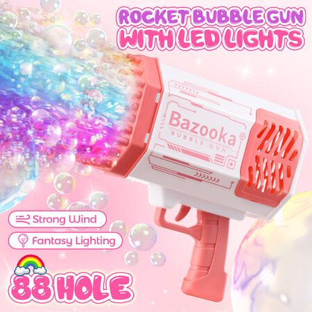 Bubble Gun Rocket Toy Machine Blower Soap Water Maker Launcher Best Gift for Kids Party LED Light Lithium Pink