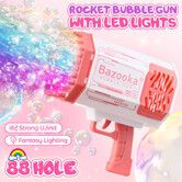 Bubble Gun Rocket Toy Machine Blower Soap Water Maker Launcher Best Gift for Kids Party LED Light Lithium Pink 