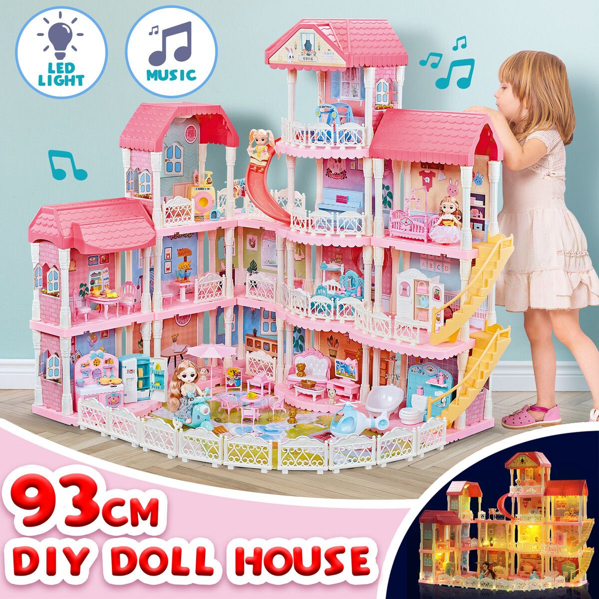 Doll House Barbie Dream Play Furniture Playhouses Toys Dollhouse Princess Castle Light Music 14 Rooms 4 Stories 93cm 