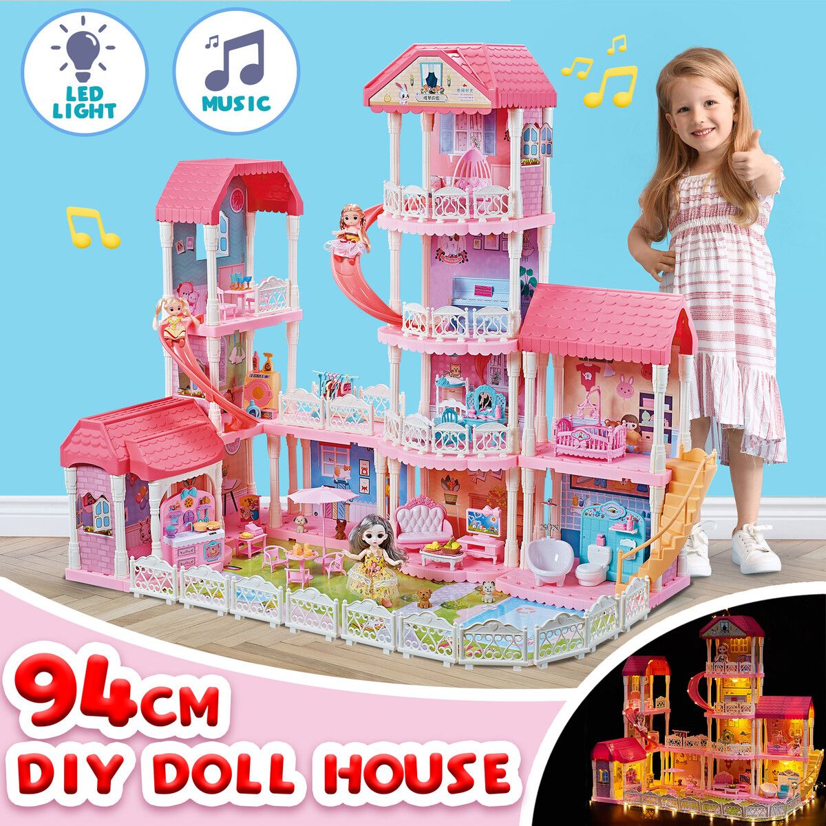 Barbie Doll House Dream Play Furniture Playhouses Toys Dollhouse Princess Castle Light Music 11 Rooms 4 Stories 93cm