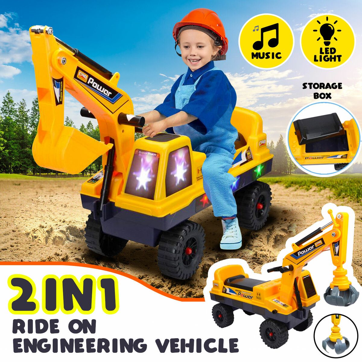 2in1 Excavator Toy Kid Ride on Digger Crane Electric Bulldozer Loader Car Truck Educational Scooter with Music 