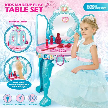Kids Dressing Table Pretend Makeup Vanity Dresser Toy Play Set Beauty Cosmetic Kit with Chair Mirror Music Light Sensor