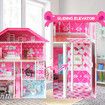 Doll Houses Dollhouse Furniture Cottage Pretend Play Dreamhouse Playset with Elevator Lift for Kids Girls 4 Storeys Pink 