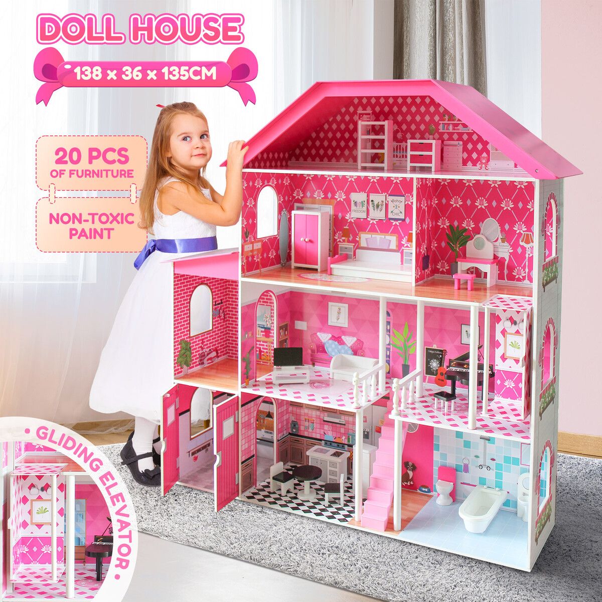 Doll Houses Dollhouse Furniture Cottage Pretend Play Dreamhouse Playset with Elevator Lift for Kids Girls 4 Storeys Pink 