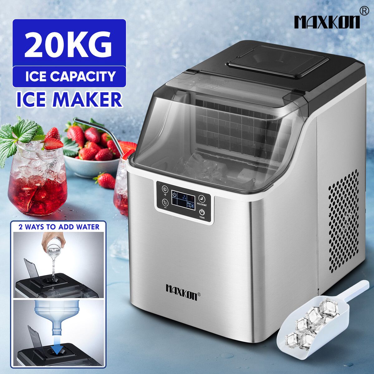 20kg Ice Maker Machine Clear Cube Making Countertop Home Commercial 2 Water Filling Methods Stainless Steel Maxkon 