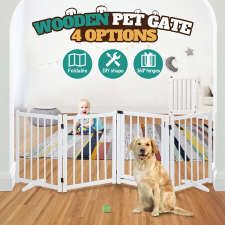 Pet Safety Gate 4 Panel Puppy Playpen Wood Enclosure Security Fence Freestanding Dog Stair Doorway Tall Barrier with Door Indoor Foldable