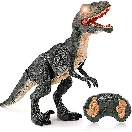 Dino Remote Control Walking Dinosaur Toy with Shaking Head, Light Up Eyes and Sounds (Velociraptor)