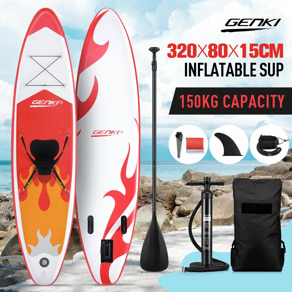 SUP Kayak Inflatable Stand Up Paddle Surfing Board Blow Foam Surfboard GENKI 2 In 1 with Seat Red