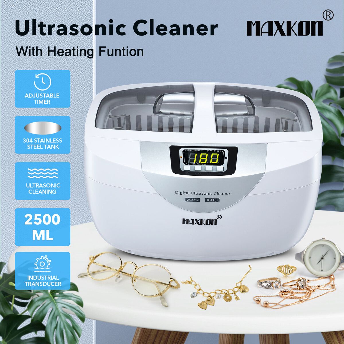 Ultrasonic Cleaner Heating  Cleaning Machine for Rings Watches Dentures Glasses Razors 2500ml MAXKON