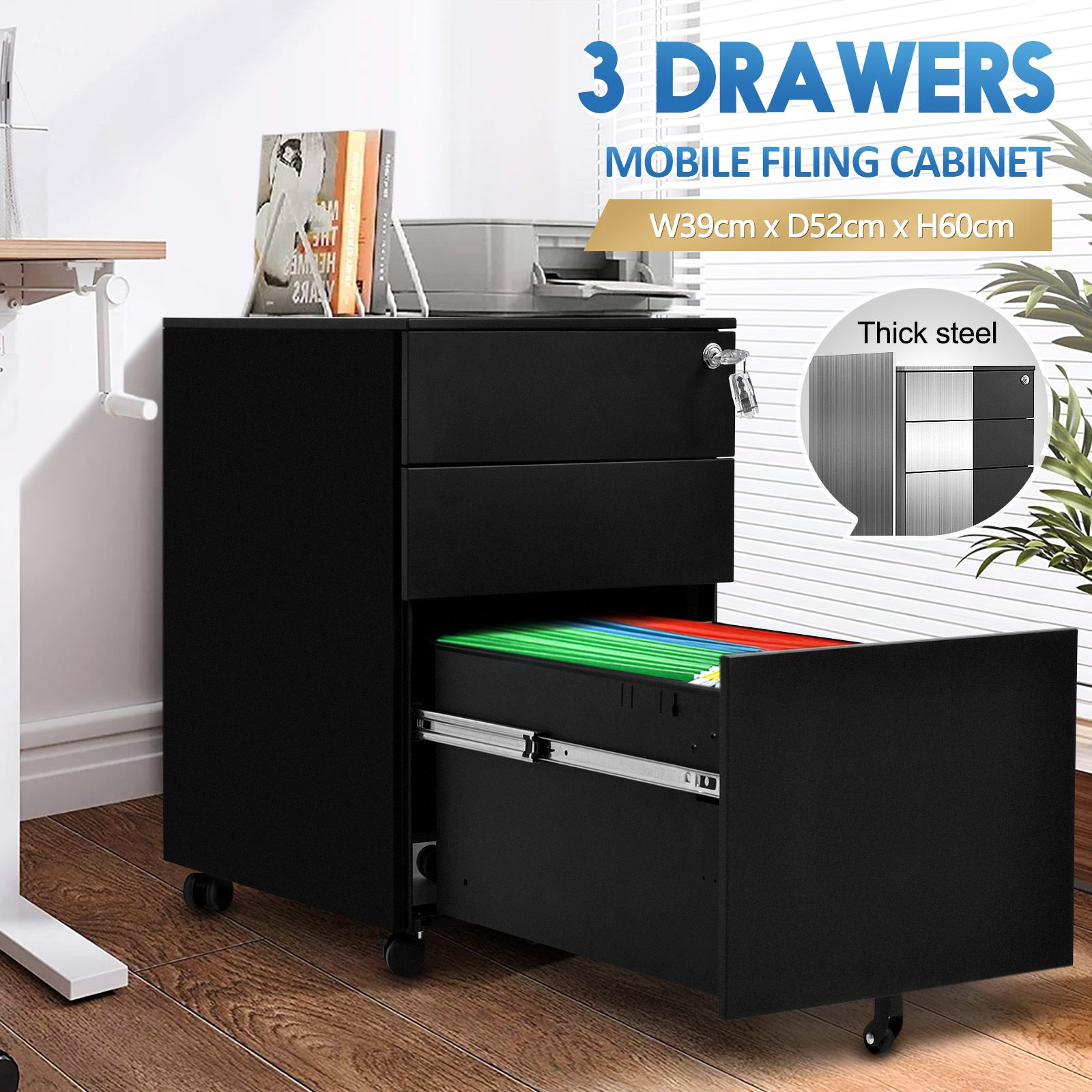 3 Drawers Filing Cabinet Handleless Storage Bedside Table Organizer ...