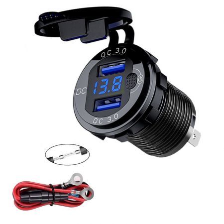 12V Socket USB Charger Dual QC 3.0 with LED Voltmeter and Power Switch, Waterproof Aluminum Car Charger Adapter for RV Marine Motorcycle Truck Golf Cart RV etc.