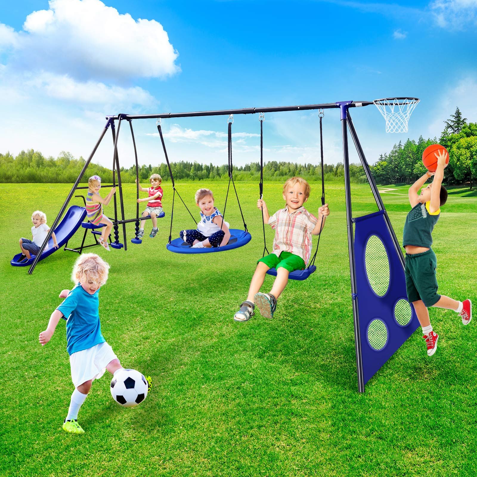 Swing Set With Slide Seesaw Basketball Hoop Football Gate Outdoor