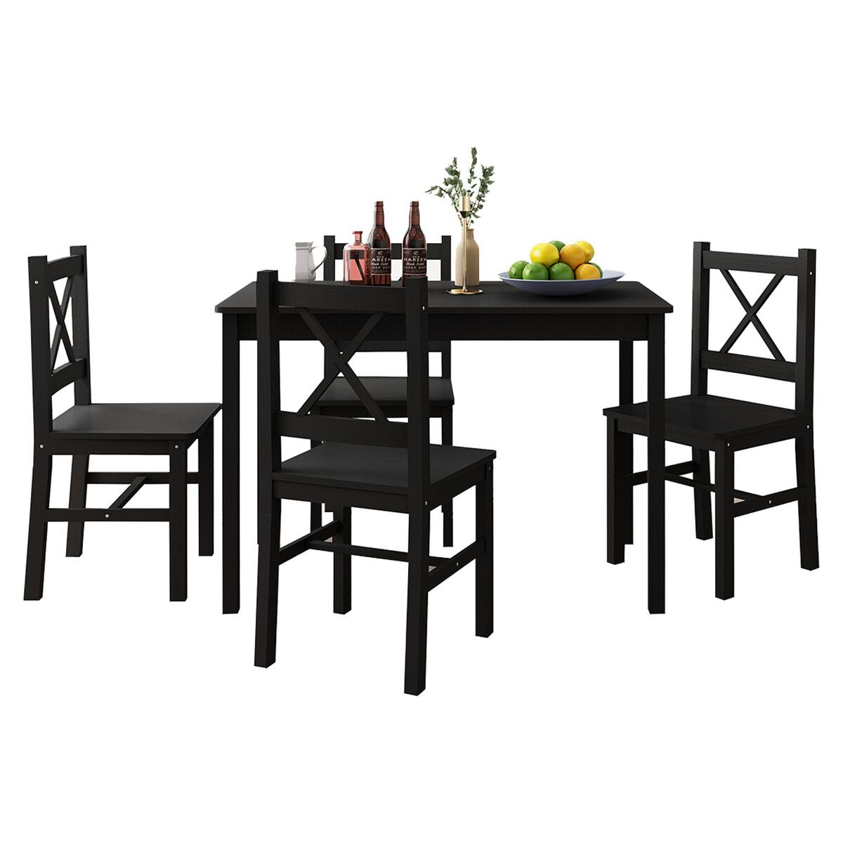 Black Dining Table And Chairs Set of 4 Kitchen Solid Pine Wood ...