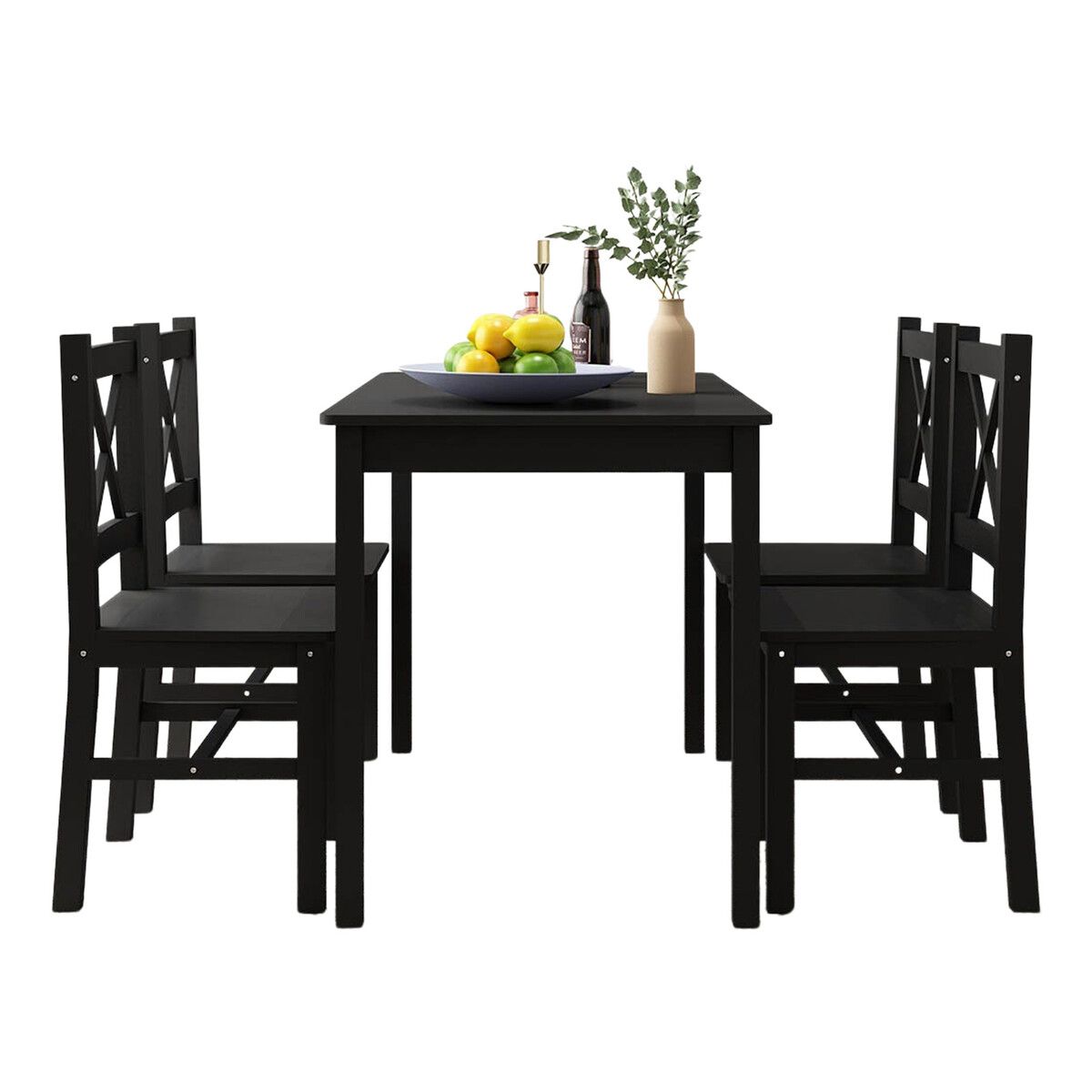 Black Dining Table And Chairs Set of 4 Kitchen Solid Pine Wood