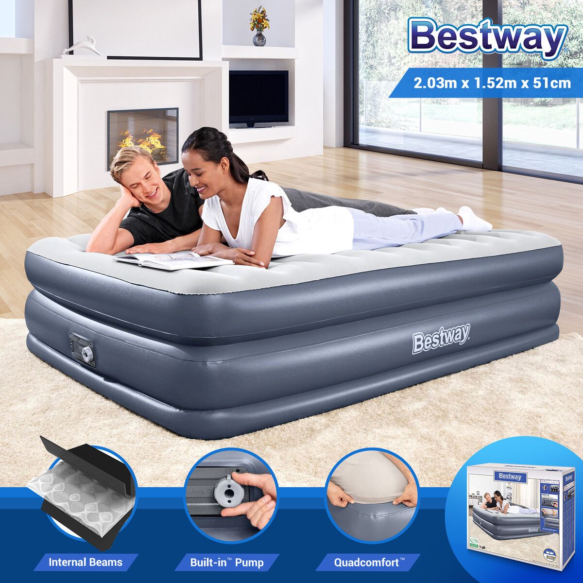 Bestway Air Mattress Queen Size Inflatable Blow Up Bed with AC Pump Tritech QuadComfort 203x152x51cm