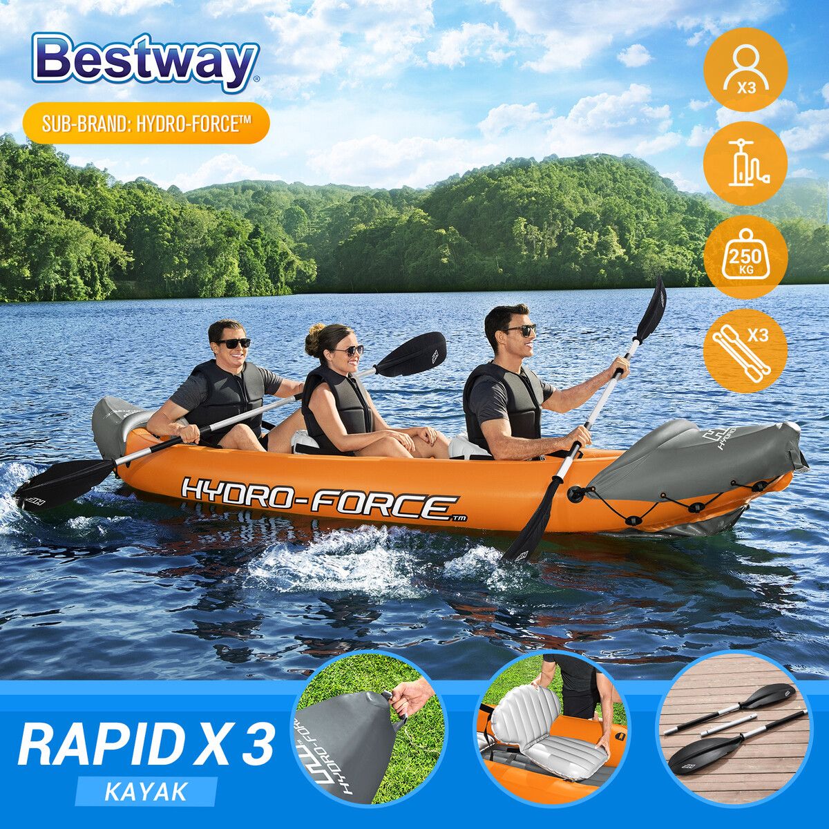 Bestway Kayak Inflatable Rapid 3 Person Canoe Sea Blow Up Fishing Boat Raft  Touring Adventure 381cm