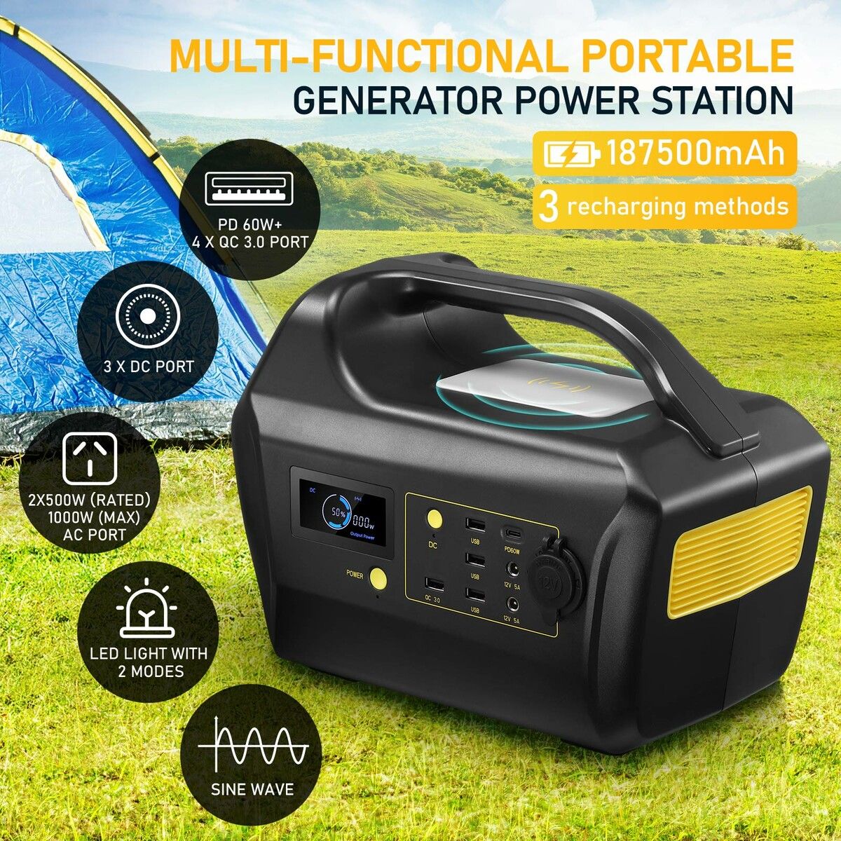 Solar Generator Portable Power Station Wireless Camping Rated 500W 675Wh PD60W  LED Lithium Battery AC DC Port for Outdoor Travel