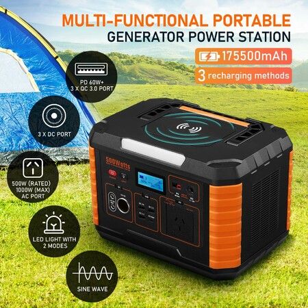 Portable Power Station Solar Generator Wireless Camping Lithium Battery Rated 500W 649Wh PD60W LED DC AC USB Port for Outdoor Travel
