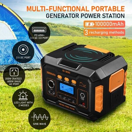 Power Station Solar Portable Generator Camping Wireless Rated 300W 370Wh PD60W LED Lithium Battery for Outdoor Travel Picnic Party