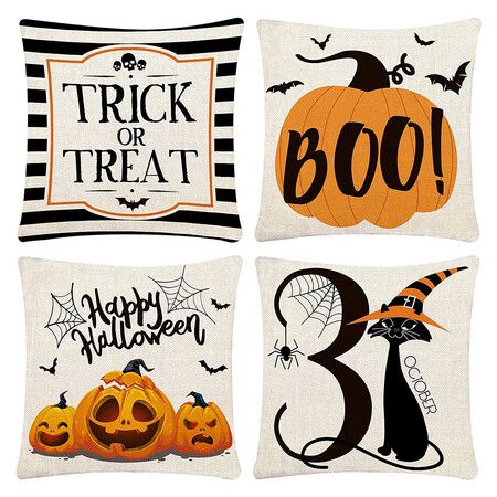 Set of 4 Halloween Pillow Covers 18" x 18", Happy Halloween Linen Pillowcases for Sofa Bed