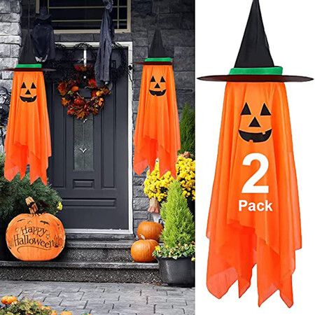 Halloween Decorations, 2 Pack Orange Pumpkin Wizard Hat with Witch Ghosts Hanging Ornaments for Home Party Garden Decorations