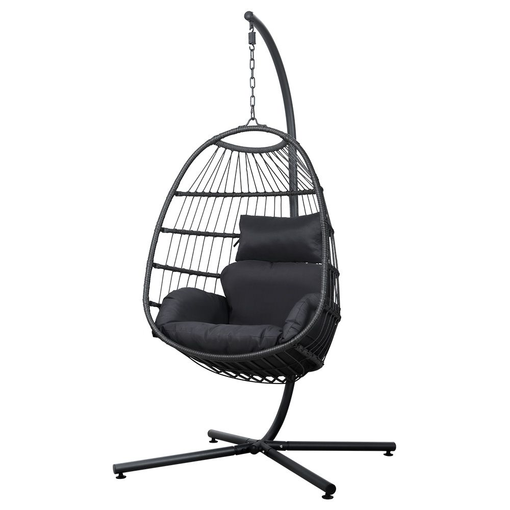 Gardeon Outdoor Egg Swing Chair Wicker Rope Furniture Pod Stand Foldable Grey