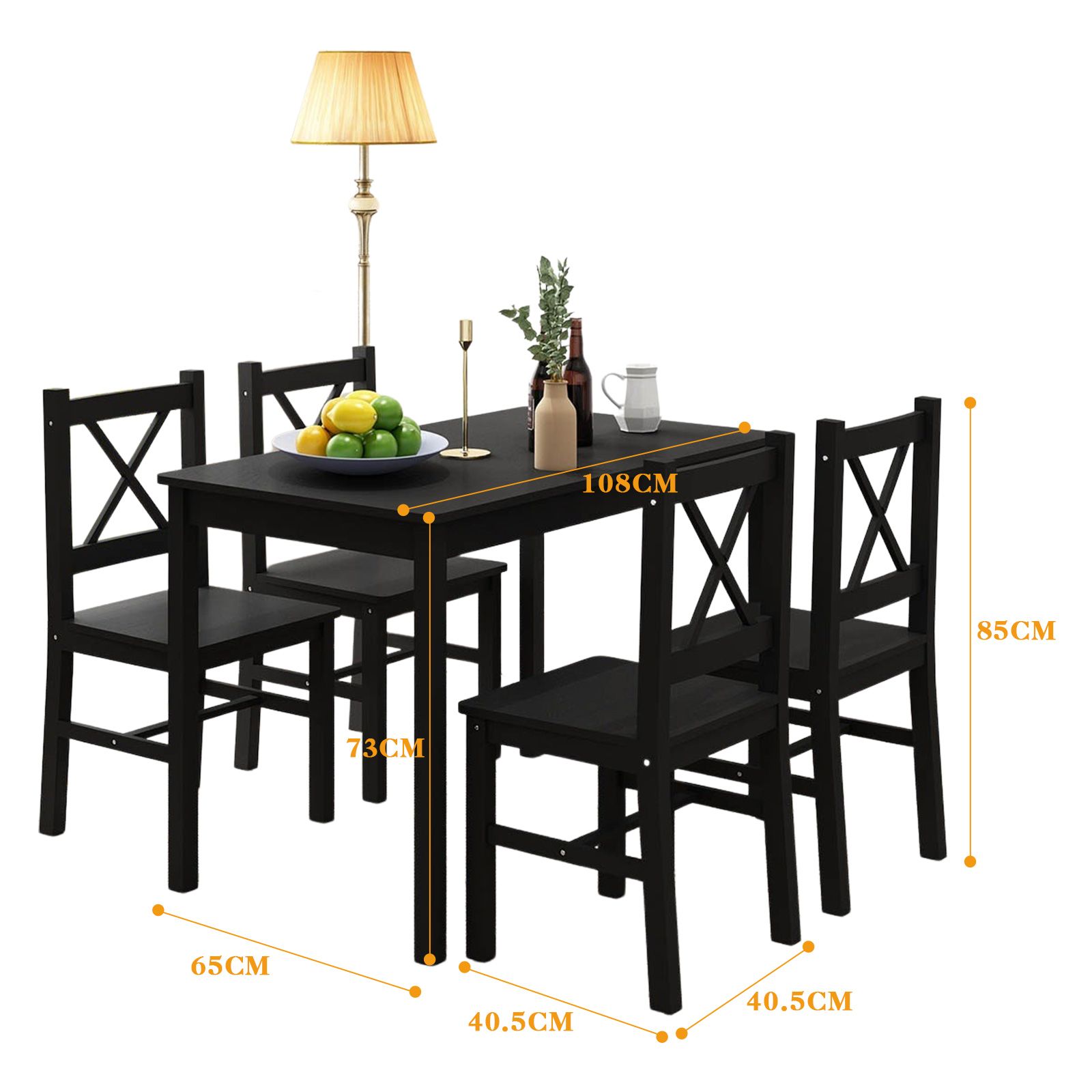 Black Dining Table And Chairs Set of 4 Kitchen Solid Pine Wood