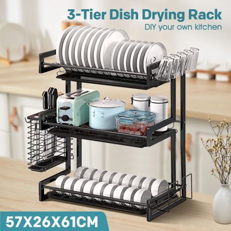 Dish Drying Rack 3 Tier Plate Drainer Cutlery Utensil Holder Kitchen Shelf Organizer Storage For Cup Chopping Board With Drainboard