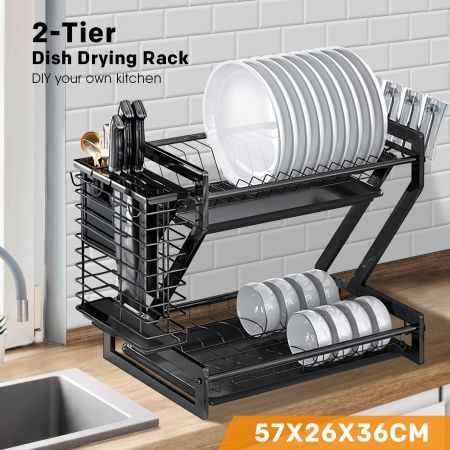 Dish Drying Rack 2 Tier Kitchen Organizer Plate Drainer Cutlery Holder Storage Shelf For Cup Utensil Chopping Board With Drainboard